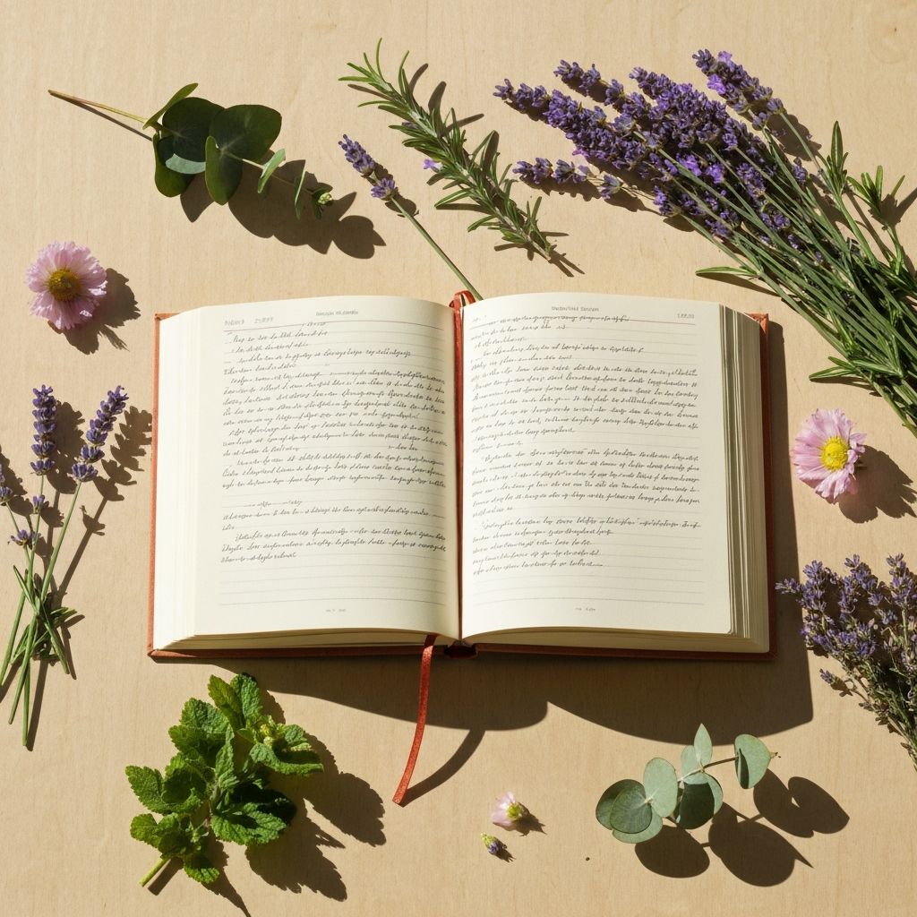 Journal with fresh herbs and botanical elements
