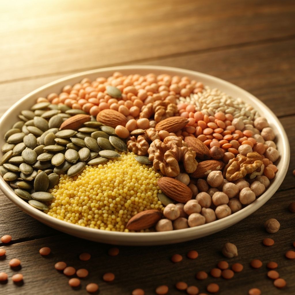 Mixed nuts, seeds and legumes in ceramic dish